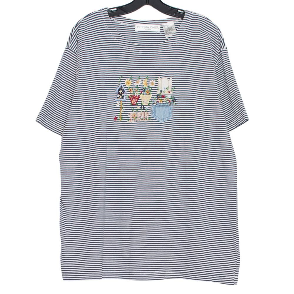 Victoria Jones Vintage Top Plus Size 1X Embroidered Striped Cottagecore Grandma